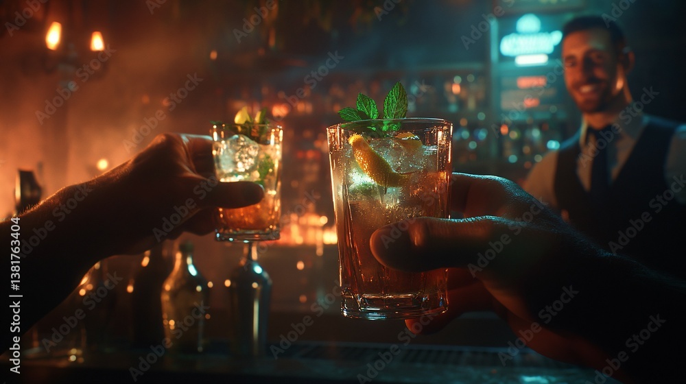 Naklejka premium Two people toasting with cocktails at a dimly lit bar