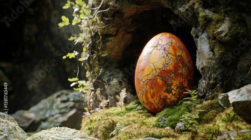 Egg Resting on Moss in a Cave Opening Natural Setting