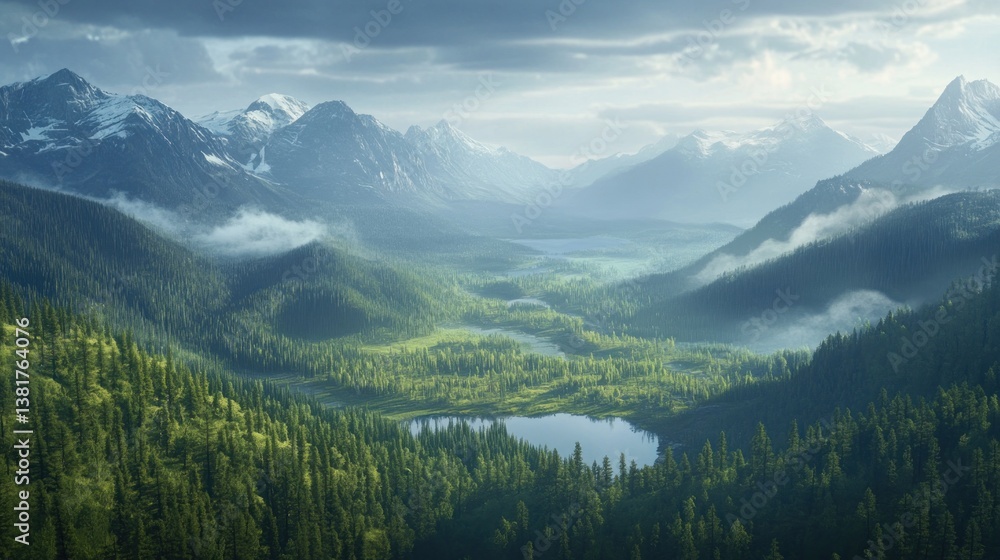 Mountain Valley Landscape with Forest and Lake Under Cloudy Sky