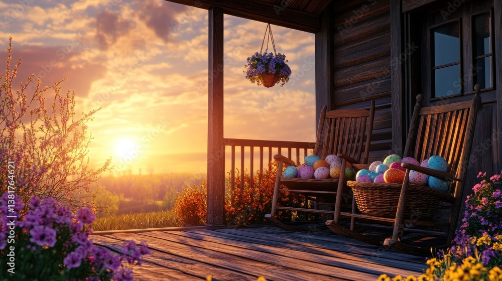 Rocking Chairs with Eggs on Porch at Sunset Peaceful Countryside