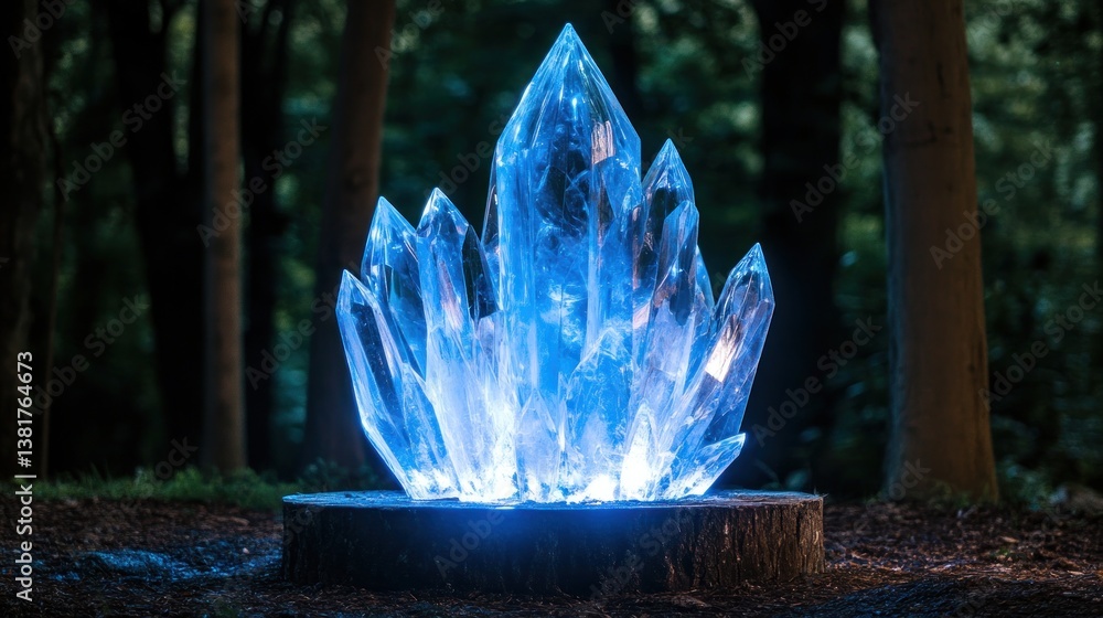Glowing Blue Crystal Formation on Wooden Base in Forest