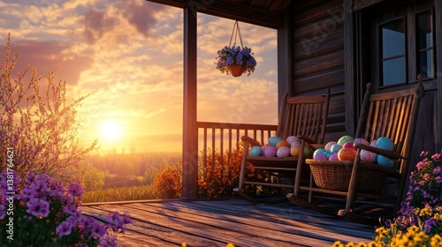 Obraz na płótnie Rocking Chairs with Eggs on Porch at Sunset Peaceful Countryside w salonie
