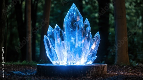 Obraz na płótnie Glowing Blue Crystal Formation on Wooden Base in Forest w salonie