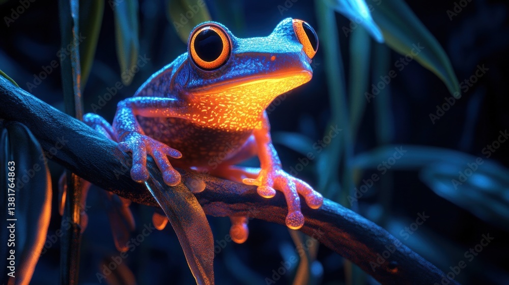 Glowing Frog Perched on Branch in Lush Foliage Detailed Portrait