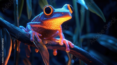 Obraz na płótnie Glowing Frog Perched on Branch in Lush Foliage Detailed Portrait w salonie