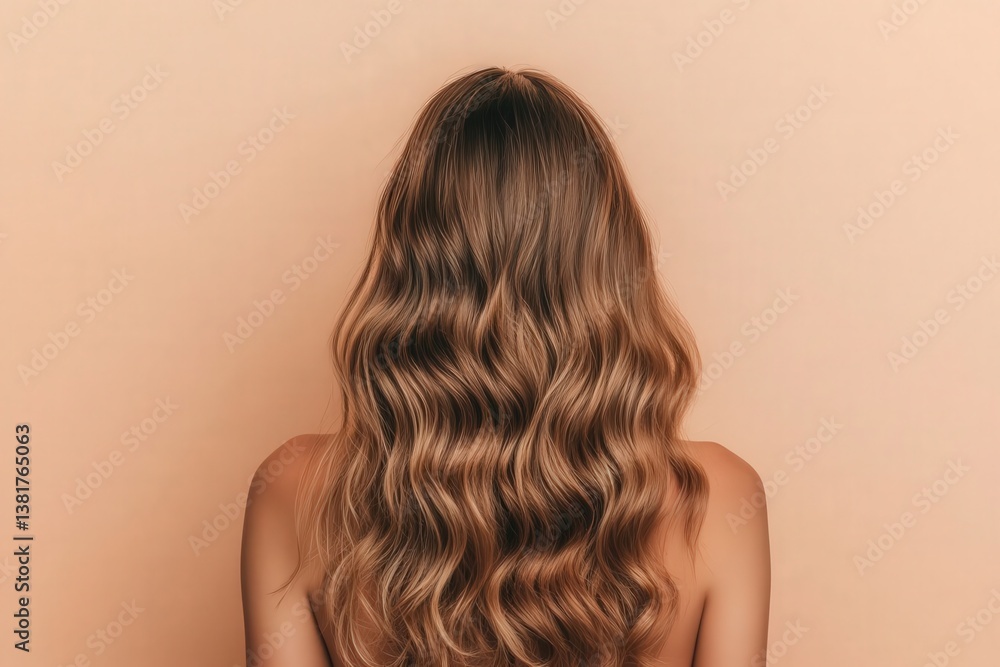 Fototapeta premium A beautiful woman with long, wavy hair viewed from the back against a beige background. The healthy, shiny hair is in sharp focus, offering ample copy space in high-resolution quality.