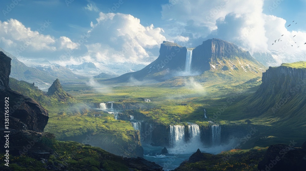 Majestic Waterfall Landscape with Green Valley and Dramatic Sky