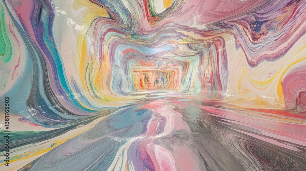 Abstract Hallway Painting Effect with Fluid Swirls of Pastel Colors