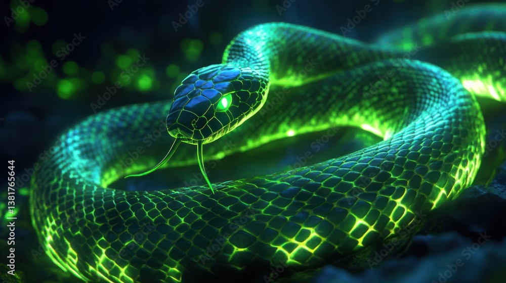 Glowing Snake Coiled Close Up with Tongue Extended and Neon Green