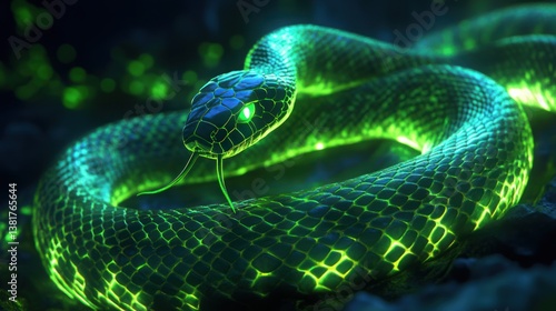 Obraz na płótnie Glowing Snake Coiled Close Up with Tongue Extended and Neon Green w salonie