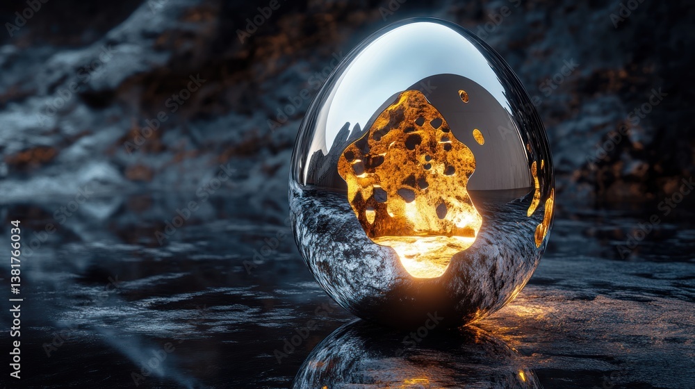 Glowing Egg Reflection in Dark Abstract Landscape Scene with Light