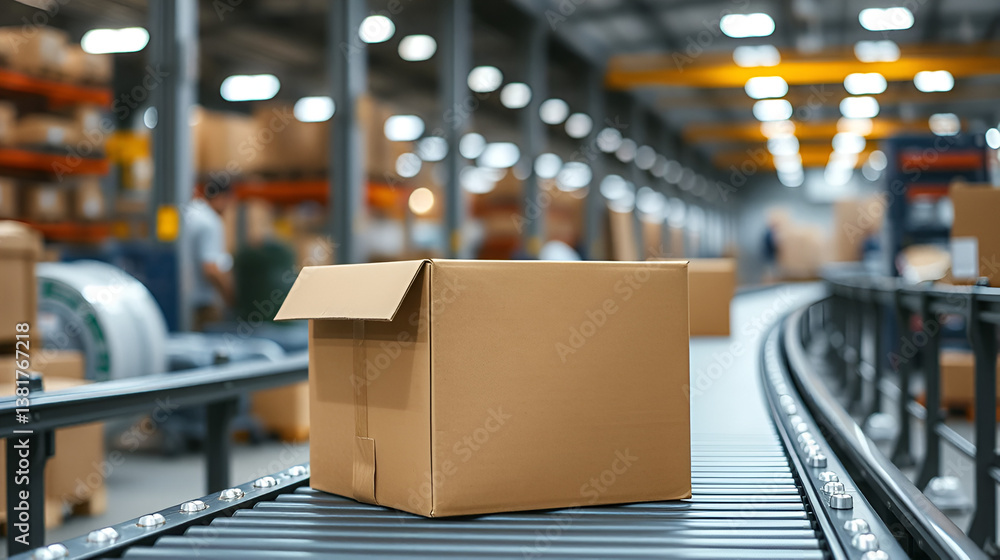 Brown cardboard box on conveyor belt in busy warehouse with glowing lights in background Brown cardboard box on conveyor belt in busy warehouse with glowing lights in background