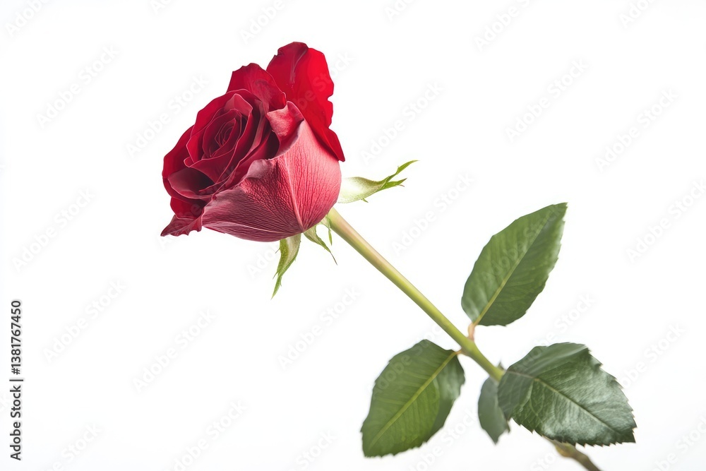 Single red rose with long stem on white background. AI generated illustration. Single red rose with long stem on white background. AI generated illustration.
