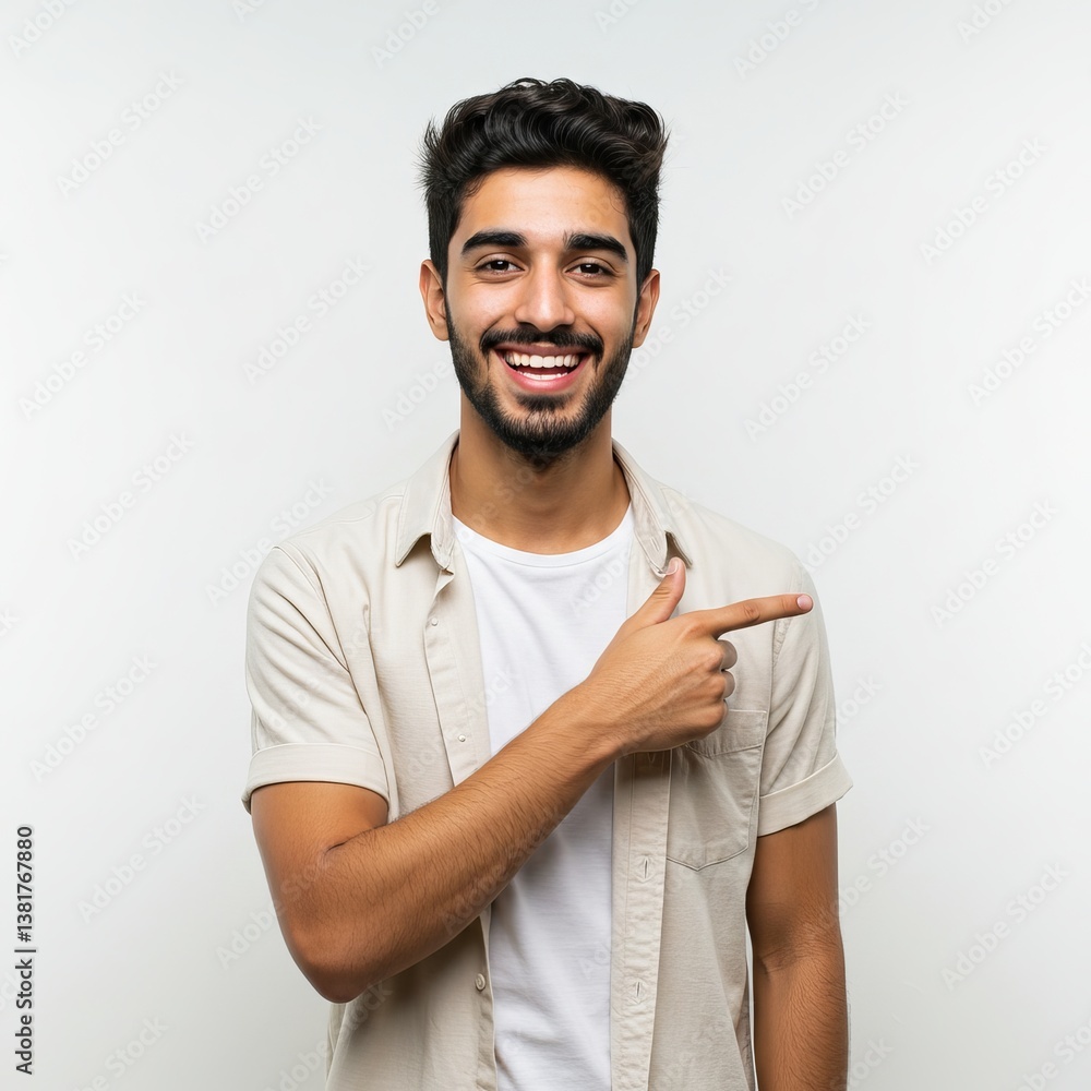 Happy Young Man Pointing, Smiling, Studio Portrait, Friendly Gesture Happy Young Man Pointing, Smiling, Studio Portrait, Friendly Gesture