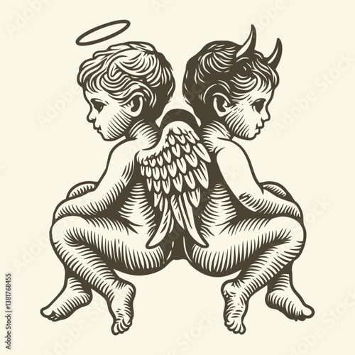 clip art childern cupid angel and demon twin couple engraving vector