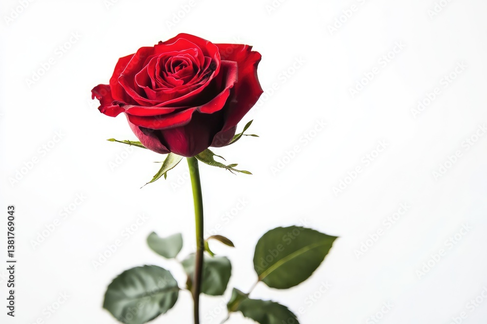 Single red rose with long stem on white background. AI generated illustration. Single red rose with long stem on white background. AI generated illustration.