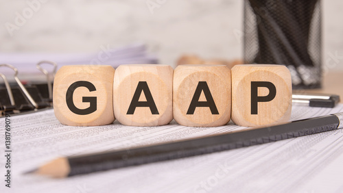 Bild auf Leinwand Wooden blocks spelling GAAP on financial documents, representing Generally Acc