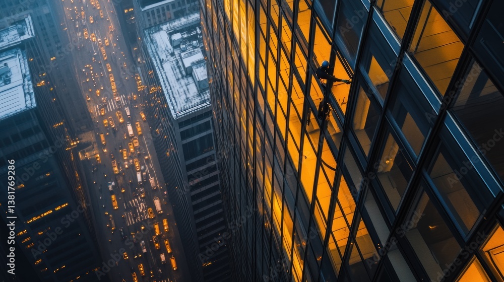 Cityscape Aerial View with Tall Buildings and Window Washers Working