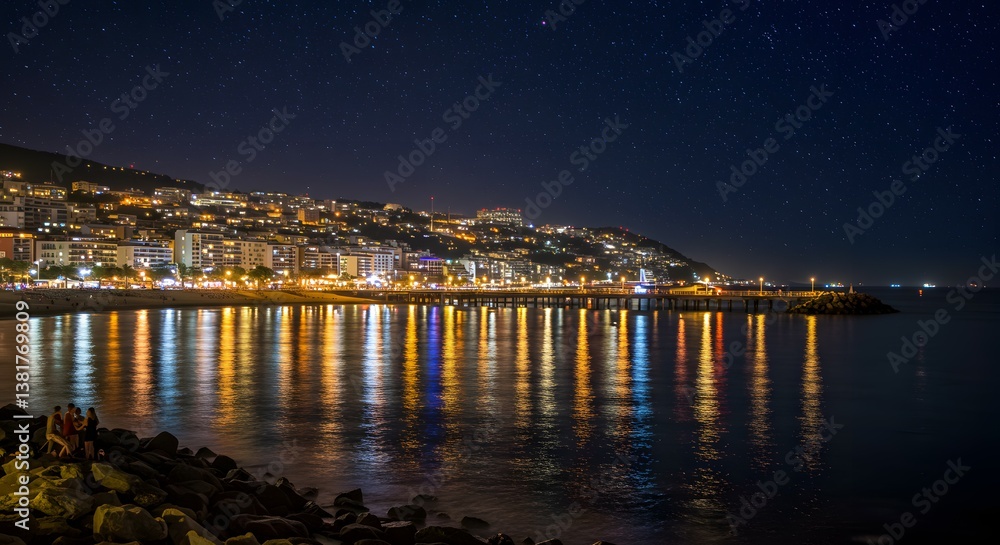 Coastal City Lights Reflecting on Calm Sea at Night Under Starry Sky Coastal City Lights Reflecting on Calm Sea at Night Under Starry Sky