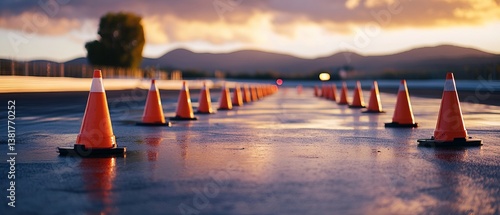 Dynamic driving course setup with traffic cones for safe driver training on track, perfect for learning and practicing maneuvering skills
