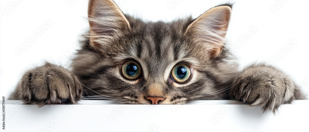 Curious gray cat peeking over a white surface.
