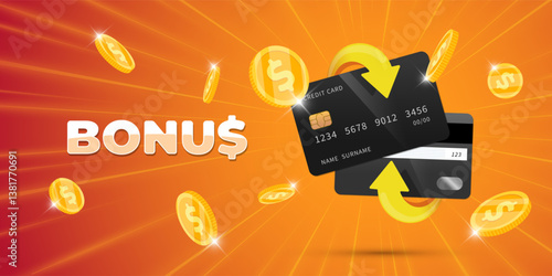 3D cashback bonus bank credit card with flying coins and arrow. Vector flyer for digital payments, loyalty programs, shopping rewards or promo sales. Perfect for finance, banking and online marketing.