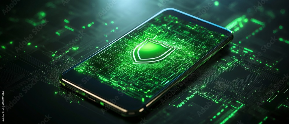 Modern smartphone displaying a secure green shield symbol over a digital data background