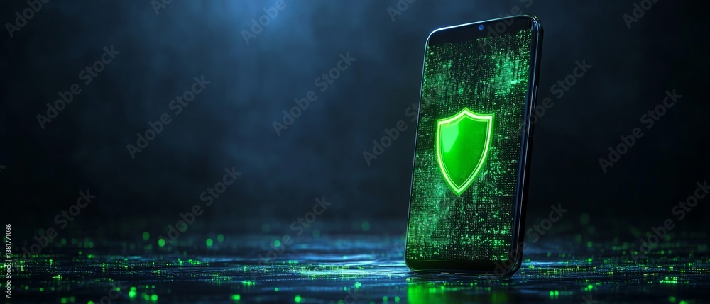 Modern smartphone displaying a secure green shield symbol over a digital data background