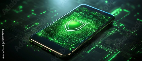 Obraz na płótnie Modern smartphone displaying a secure green shield symbol over a digital data background w salonie