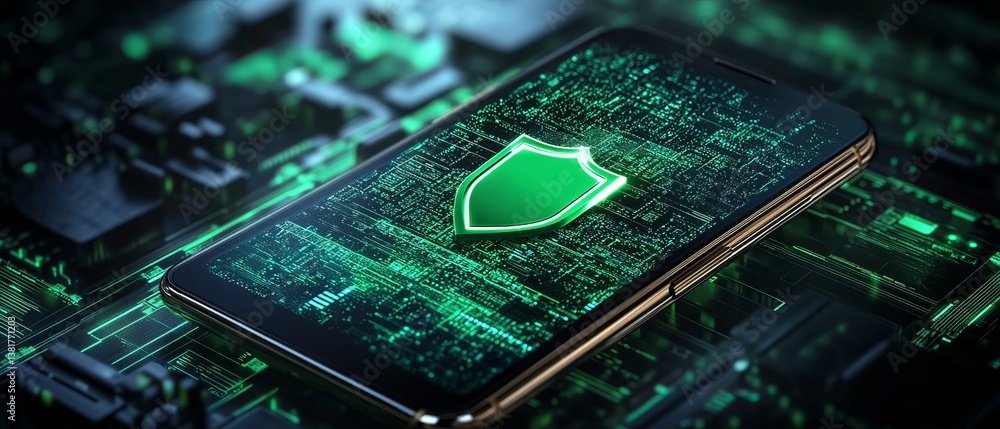 Modern smartphone displaying a secure green shield symbol over a digital data background