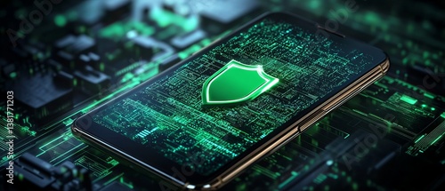 Obraz na płótnie Modern smartphone displaying a secure green shield symbol over a digital data background w salonie