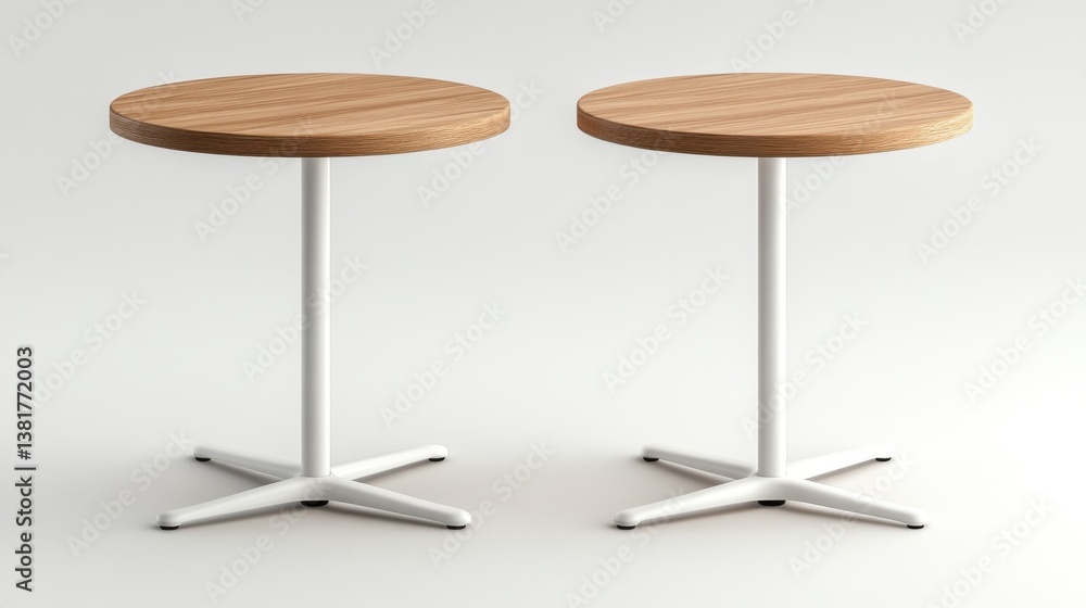 Round wooden table design with light colored top and white metal base suitable for modern interior settings Round wooden table design with light colored top and white metal base suitable for modern interior settings