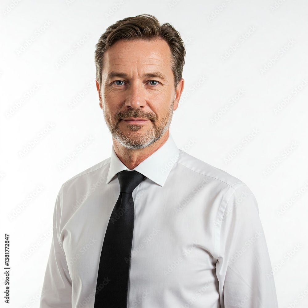 Indoor portrait of handsome European businessman pictured isolated on white background dressed in white formal shirt and black tie standing in front of camera, feeling positive, confident and calm Indoor portrait of handsome European businessman pictured isolated on white background dressed in white formal shirt and black tie standing in front of camera, feeling positive, confident and calm
