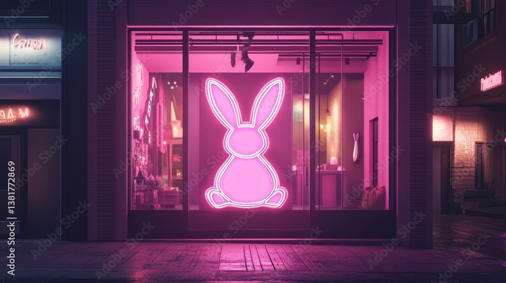 Glowing Pink Neon Rabbit Displayed in Storefront Window at Night