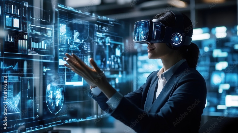 Woman Using Virtual Reality Headset Interacts with Data Visualizations