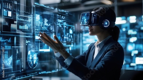 Obraz na płótnie Woman Using Virtual Reality Headset Interacts with Data Visualizations w salonie