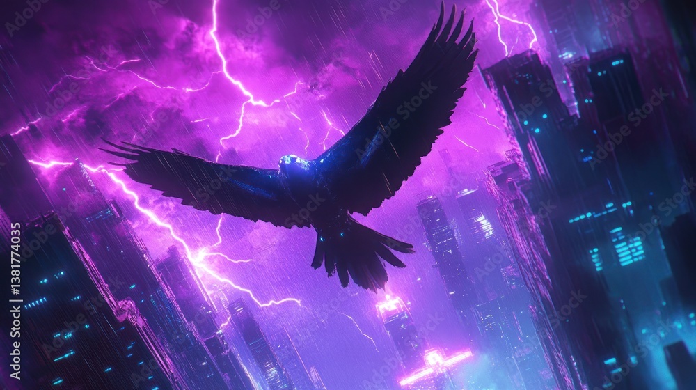 Bird Soaring Over City During a Lightning Storm at Night
