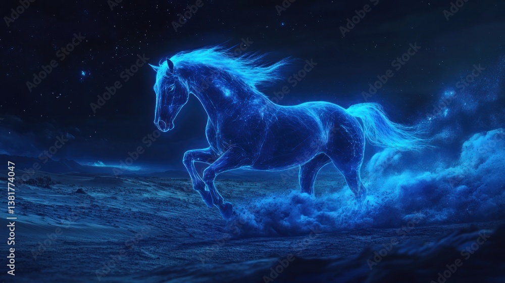 Running Horse Digital Art with Glowing Blue Light Effect at Night