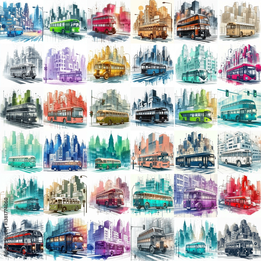 Watercolor drawing Futuristic concept bus in the city. AI generated illustration Watercolor drawing Futuristic concept bus in the city. AI generated illustration