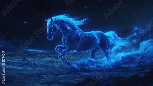 Obraz na płótnie Running Horse Digital Art with Glowing Blue Light Effect at Night w salonie
