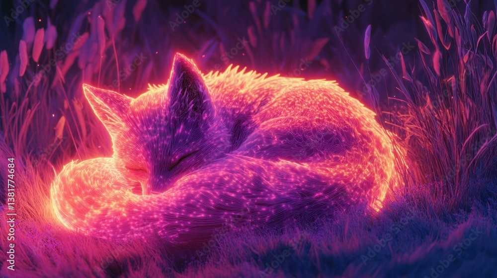 Sleeping Fox Curled in Grass with Pink and Orange Glowing Effect