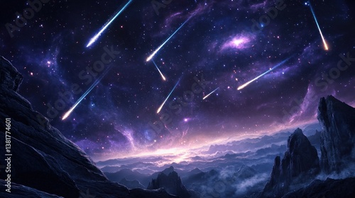 Obraz na płótnie Shooting Stars Across Night Sky Over Mountainous Landscape Painting w salonie