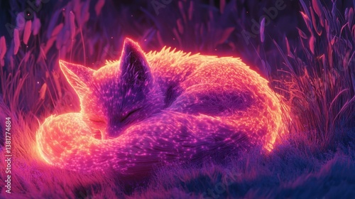 Obraz na płótnie Sleeping Fox Curled in Grass with Pink and Orange Glowing Effect w salonie