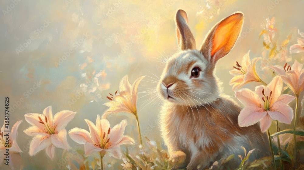 Rabbit Sitting Among Flowers in a Pastel Hued Light Painting