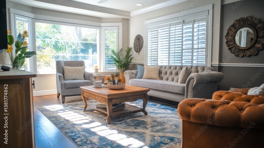 Comfortable Living Room Interior with Sunlight and Stylish Furniture Arrangement