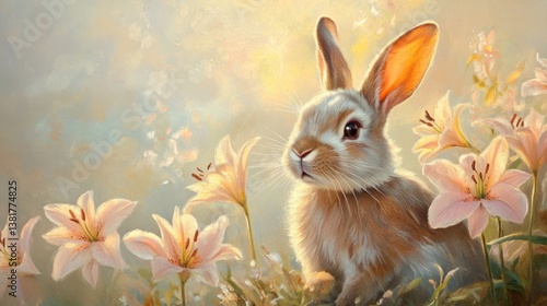 Obraz na płótnie Rabbit Sitting Among Flowers in a Pastel Hued Light Painting w salonie