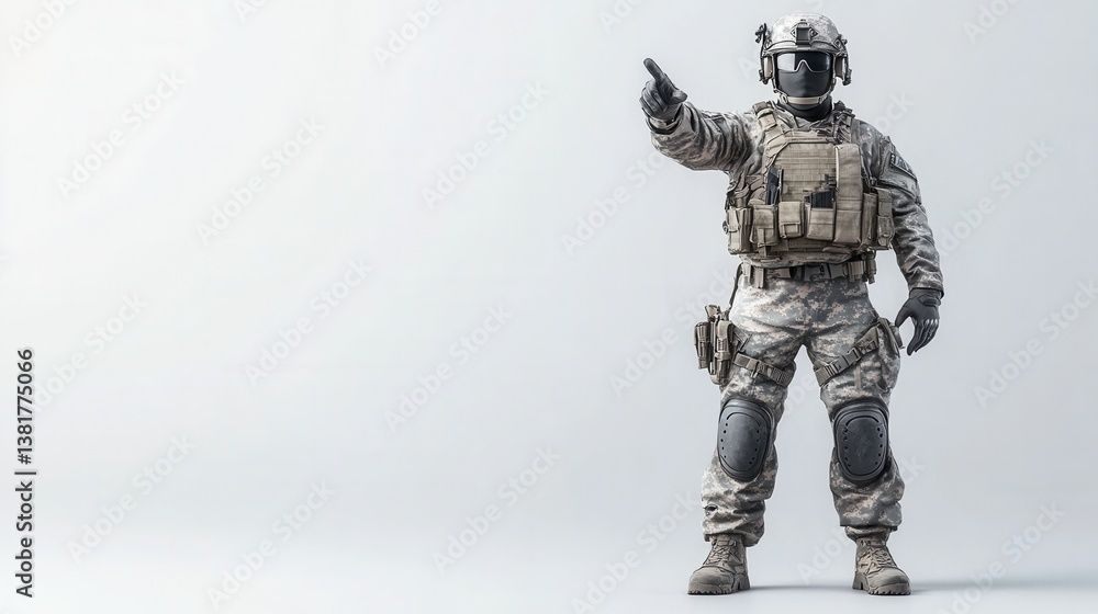 Soldier in Tactical Gear Pointing with Confidence on a Light Background for Military and Security Themes Soldier in Tactical Gear Pointing with Confidence on a Light Background for Military and Security Themes