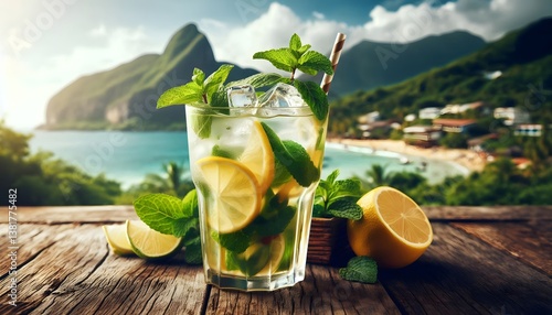
image of a mojito with ice, lime and fresh mint leaves, served in a clear glass on a rustic wooden table, with a paradisiacal view in the background.