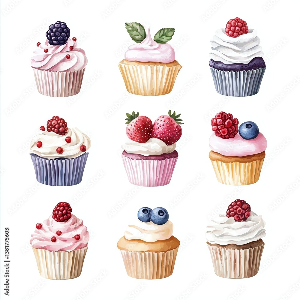 mini watercolor cupcakes with cream and berries, hand-drawn on white background, tea-time sweets set mini watercolor cupcakes with cream and berries, hand-drawn on white background, tea-time sweets set
