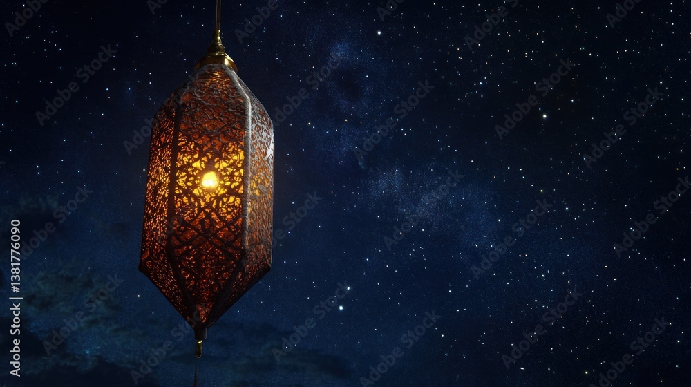 Illuminated Lantern Hanging Against a Starry Night Sky Background